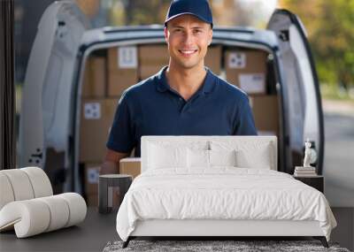 Delivery man standing in front of his van Wall mural