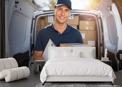 Delivery man standing in front of his van Wall mural