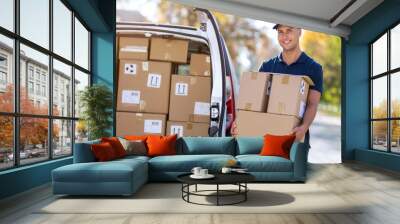 delivery man standing in front of his van Wall mural