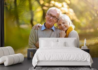 Happy senior couple in autumn park Wall mural