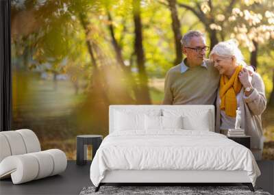 Happy senior couple in autumn park Wall mural