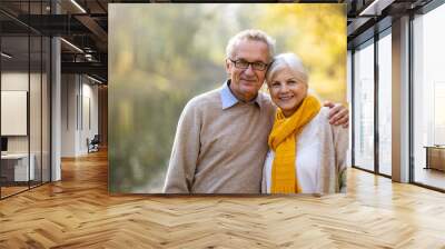 Happy senior couple in autumn park Wall mural