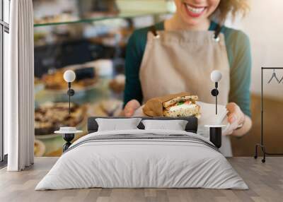 Waitress ready to serve food in cafe Wall mural