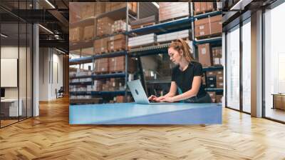 woman using laptop at warehouse Wall mural