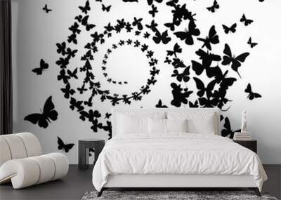 A graceful swarm of black butterflies in silhouette, with various sizes, flying upward in a gentle spiral pattern on a white background. The composition shows a sense of movement and lightness,  Wall mural