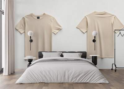 A tan-colored t-shirt, front and back view, white background, mockup template. Tan men's classic t-shirt Wall mural