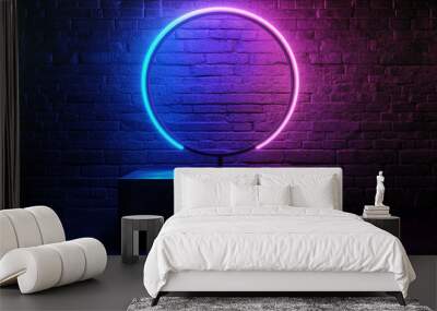 Abstract background with a black podium and a glowing neon light ring on a dark brick wall, a mockup for product presentation. A minimal scene for the showcase of luxury goods in blue and purple tones Wall mural