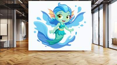 Cute fish girl fairy in water splash on white background  Wall mural