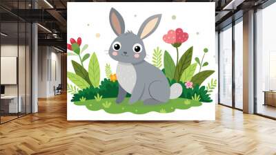 Cute rabbit with Grass and flowers on a white background  Wall mural