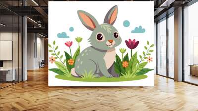 Cute rabbit with Grass and flowers on a white background  Wall mural