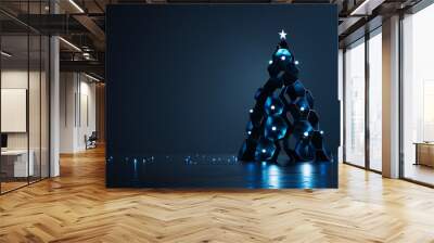 minimalistic black background with a simple Christmas tree made of hexagons and blue lights on the left side. Christmas tree made of hexagons with blue decorative spheres and a star. Wall mural