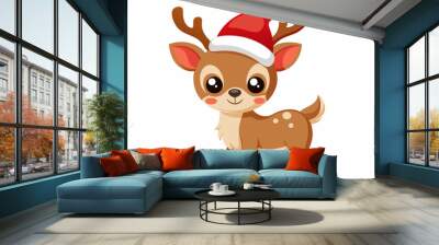 reindeer with Santa hat. A funny cartoon Christmas baby reindeer wearing a Santa Claus hat, smiling with a joyful expression. Wall mural