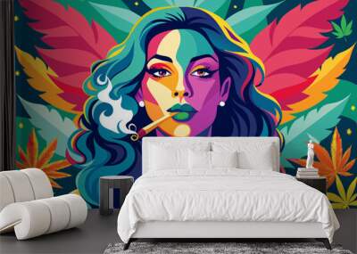 woman with flowers. Vibrant attractive women smoking. illustration wallpaper. Wall mural