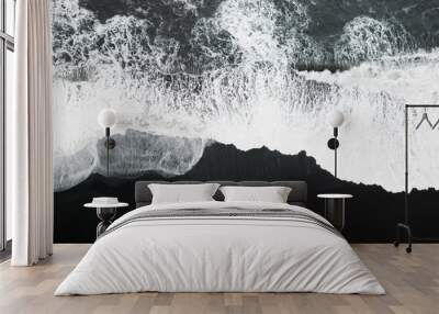  aerial top view over ocean waves crashing on Iceland Solheimasandur black sand beach. copy space banner Wall mural