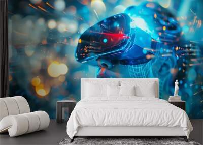 A futuristic representation of a person using virtual reality technology with vibrant lighting and digital effects in the background. Wall mural