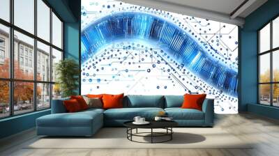 Abstract blue wave with digital elements representing technology and innovation in a modern design. Wall mural