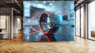 Futuristic smart ring with digital interface displaying data and holographic projections in a modern office setting. Wall mural