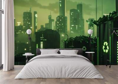 Green home design featuring home recycling stations, close up on smart sorting technology, reduced landfill waste, futuristic, silhouette, futuristic cityscape backdrop Wall mural