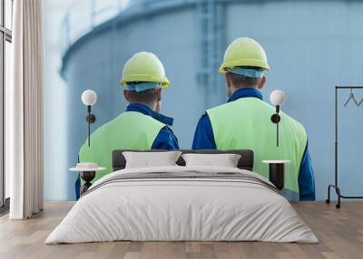 Two industrial workers in safety gear observe a large storage tank, emphasizing teamwork and safety in the workplace. Wall mural