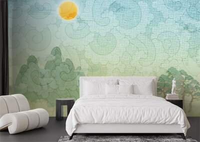 Oriental pattern oriental painting background illustration, Chinese, Japanese style bright color background Wall mural