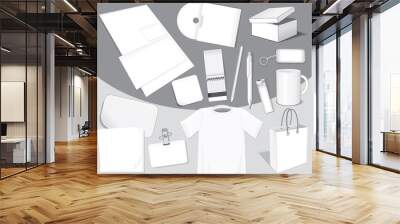 Blank clip-art: paper,card,package,cd,cup,pens,layout,t-shirt Wall mural