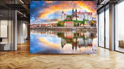 Awesome view on Albrechtsburg castle and cathedral on the River Elbe with dramatic  sunset Wall mural