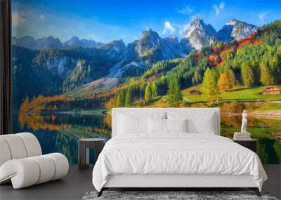 Beautiful view of idyllic colorful autumn scenery in Gosausee lake Austria Wall mural