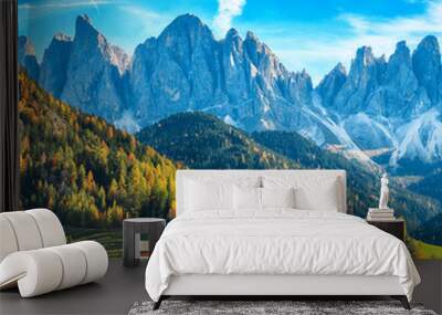 Colorful autumn scene of magnificent  Santa Maddalena village in Dolomites Wall mural