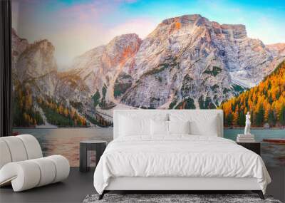 Marvelous scenery of famous alpine lake Braies at autumn. Wall mural