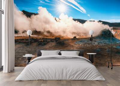 Steaming cone in Hverir geothermal area with boiling mudpools and steaming fumaroles in Iceland Wall mural