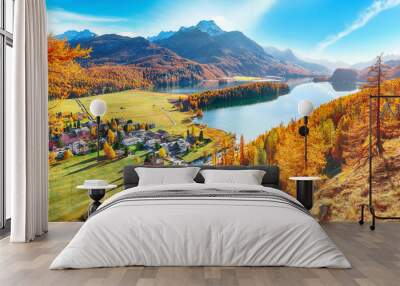 Stunning autumn scene over Sils im Engadin (Segl) village and Sils lake(Silsersee) Wall mural