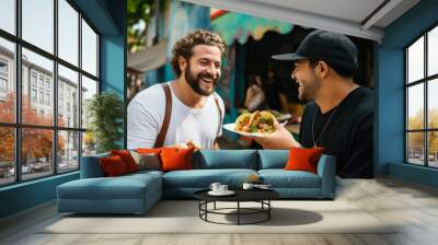 A chef gives a taco to a man at a street food market Wall mural