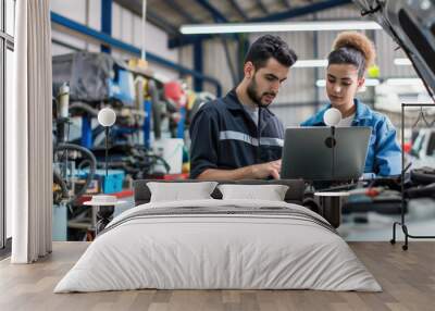 Auto mechanic working on laptop while running car diagnostic with his coworker in auto repair shop Wall mural