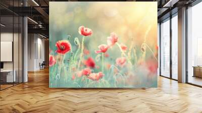 Beautiful meadow with red poppy flowers in the sunlight Wall mural