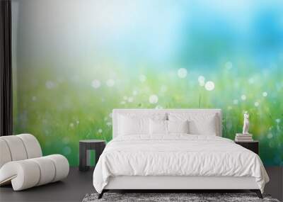 Beautiful sunny spring meadow with green grass and blue sky. Abstract background with light bokeh and space for text. Wall mural