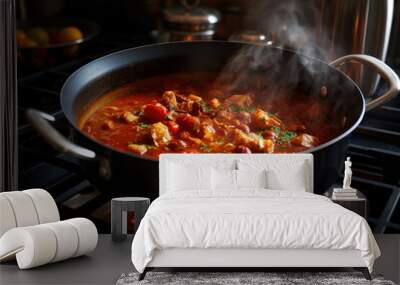 Beef stew of meat and vegetables cooking in the pot on the stove Wall mural