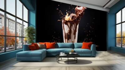 Chocolate milkshake splash on black background Wall mural