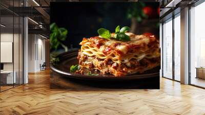 Close-up of a traditional lasagna with minced meat, bolognese sauce topped with cheese and basil leafs served on a plate on the dark rustic table Wall mural