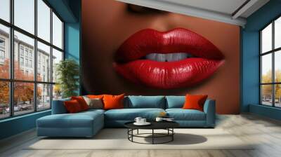 Close up view of beautiful black woman lips with red lipstick. Cosmetology, drugstore or fashion makeup concept. Wall mural