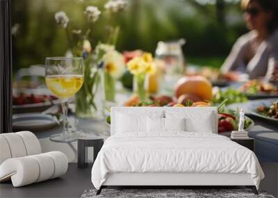 Dinner table with delicious healthy food, fresh vegetables and salads. Happy joyful people enjoying the meal and having fun in the background Wall mural