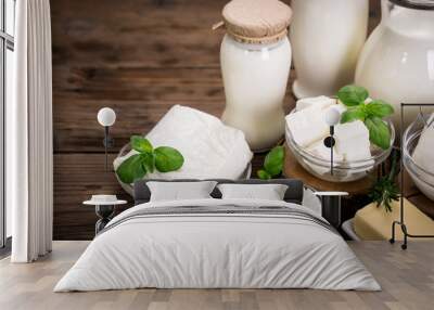 Fresh dairy products on the wooden table Wall mural