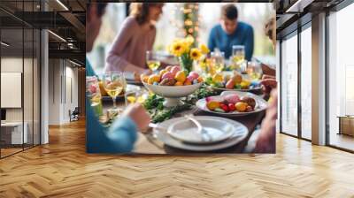 Happy multi generational family having Easter dinner together, table setting with traditional food and spring flowers for Easter celebration Wall mural