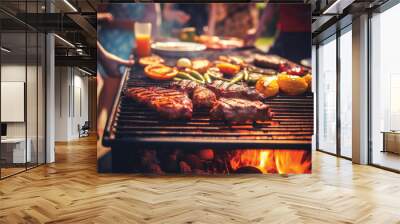 Meat on the grill and group of people in the background  Wall mural