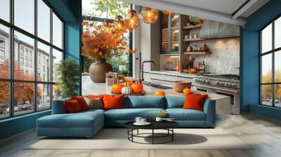 Modern kitchen interior decorated for fall with orange pumpkins, autumn home decoration Wall mural