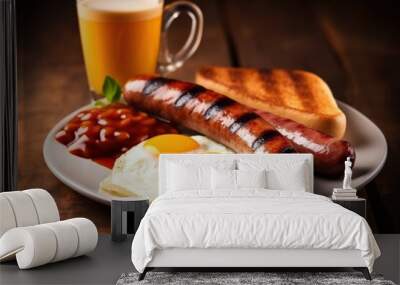 Traditional full English breakfast with fried eggs, sausages, beans and bacon on the table close up Wall mural