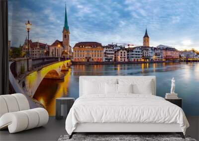 Zurich. Scenic view of the city and the embankment at dawn. Wall mural