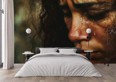 a close-up of a sorrowful woman with tears streaming down her face. Wall mural