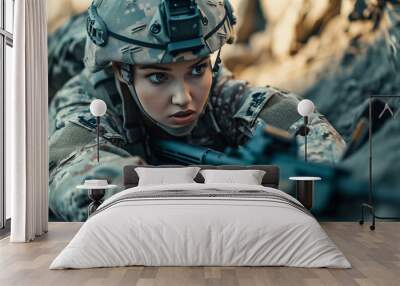 A ground-level perspective capturing a female soldier in complete combat gear, seeking cover and aiming Wall mural