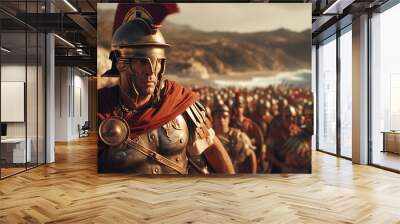 A muscular Roman Centurion stands in front of a vast Roman army on the beach, preparing for battle. Wall mural