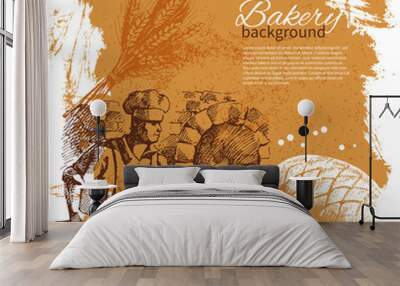 Bakery sketch background. Vintage hand drawn illustration Wall mural